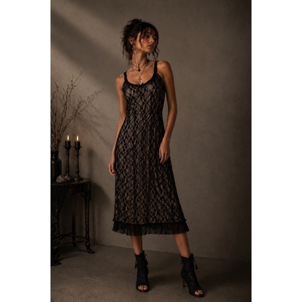 Y2K Black Lace Slip Dress Womens 10 Whimsy Goth Dark Romantic Witchy Fairy 90s